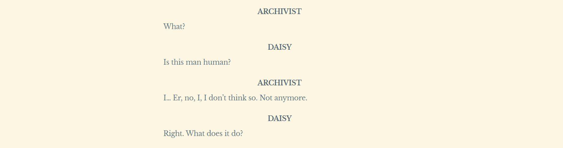 episode transcript from TMA episode featuring characters refered to as Daisy and Archivist